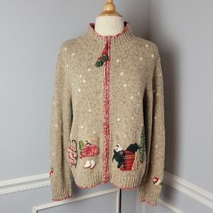 COLDWATER CREEK Winter Holiday Cozy Wool Blend Felt Patchwork Full Zip Sweater M